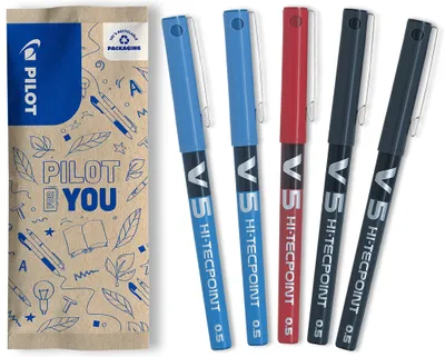 Produktbild von PILOT Hi-Tecpoint V5, Tintenroller, 5er Set (Blau, Schwarz, Rot)