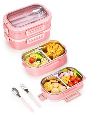 Produktbild von Lunchbox, 2-stöckige Bento-Box mit 4 Fächern, Fassungsvermögen 1650 ml, inklusive Besteckset, BPA-frei, auslaufsicher (rosa)