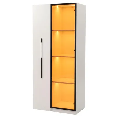 Produktbild von Flieks Glasvitrine Bücherregal mit LED-Beleuchtung 70x40x160 cm, Standschrank Hochschrank mit Glastüren, Sammlervitrine weiß