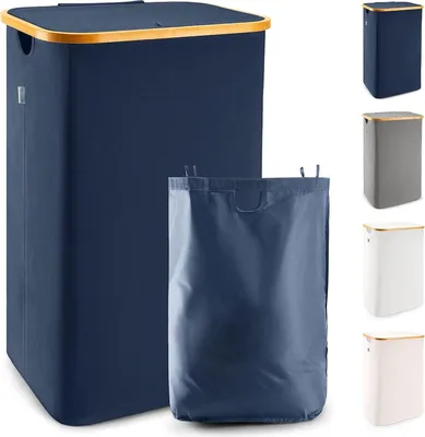 Produktbild von Stilvolle Wäschekorb mit Deckel - 100L - atmungsaktiv - blau - Bambus