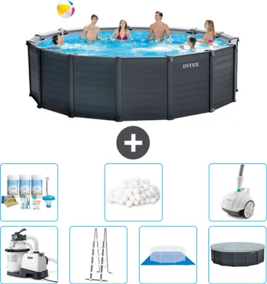 Produktbild von Intex runder Pool mit graphitgrauem Paneel – 478 x 124 cm – inklusive Pumpe – Leiter – Bodenplane – Abdeckung Wartungspaket - Filterbälle - Staubsauger