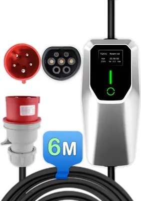 Image de Chargeur Voiture Électrique EV Type 2 11KW 16A Triphasé 5M CEE Rouge Mode 2 Courant Réglable 8–16A Minuterie Suivi Consommation Chargeur Portable