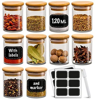 Produktbild von PromoHome® Kräuterdosen Set 10 Stück - 120 ml - Luftdicht mit Etiketten & Stift - Spülmaschinenfest - Gewürze und Kräuter aufbewahren