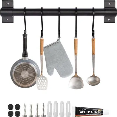 Produktbild von Aluminium Wandhalter mit 5 Haken in Schwarz für Küche und Badezimmern, Raumsparend und Praktisch