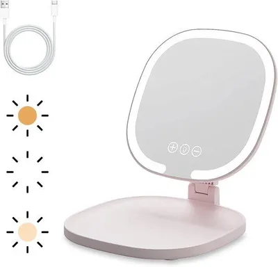 Produktbild von Reis-LED-Make-up-Spiegel, oplaadbare, draagbare, touchscreen, ultrahochauflösend, opvouwbar, 3-Brightness, Lichtrosa