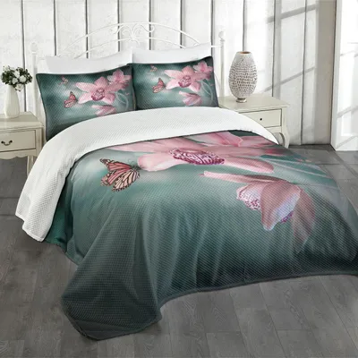 Produktbild von ABAKUHAUS Blumen Tagesdecke Set, Fotographie der Natur Kunst makrolinsenaufnahme Schmetterling als Digitaldruck, 220 x 220 cm, Jadegrün Baby Pink