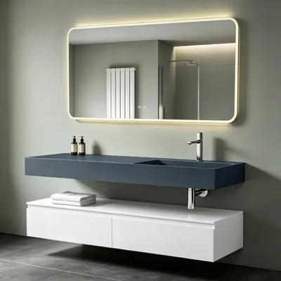 Produktbild von Mai & Mai Badmöbelset 150x48x25cm Unterschrank Weiß matt mit Soft-Close Schubladen inkl. Mineralguss-Waschbecken Rechts in Anthrazit matt und LED-Badspiegel