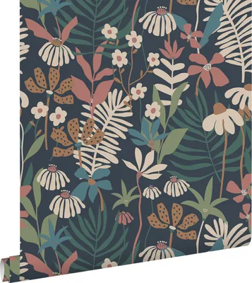 Imagen del producto de ESTAhome papel pintado hojas y flores tropicales azul oscuro y multicolor 50 x 900 cm