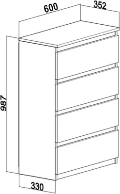 A technical drawing of a white chest of drawers with dimensions indicated.