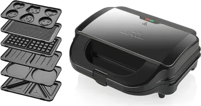 A multi-functional sandwich maker with various interchangeable plates, shown next to the assembled appliance.