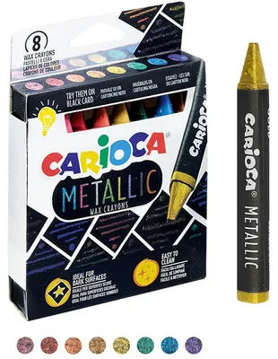 Zdjęcie produktu dla Carioca Metallic Maxi Wax, 8 szt., Niebieski, Złoto, Zielony, Pomarańczowy, Różowy, Czerwony, Fioletowy, Żółty, Trójkąt, Wosk, Chłopak, dziewczyna, Zawieszane pudełko