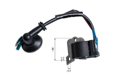 A single ignition coil with wires and a spark plug boot, with measurement indicators.