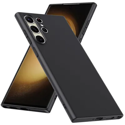 A black phone case is shown diagonally over a smartphone.