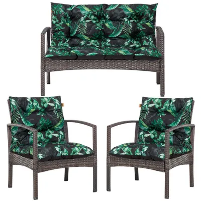 Immagine prodotto di Set di 3 cuscini per sedie e panche in stile lounge, cuscini da esterno per mobili in rattan, 2 cuscini per sedie + 1 cuscino per panca, foglie verdi