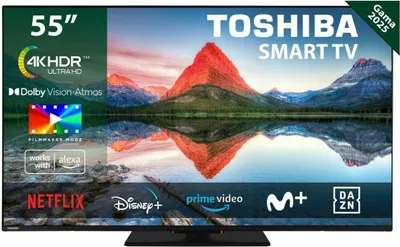 A Toshiba Smart TV displaying a landscape image with various app logos at the bottom.