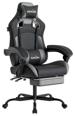 Produktbild von Gaming-Stuhl Schreibtischstuhl Gamer-Stuhl - Ergonomisch mit Fußstütze - Verstellbare Kopfstütze - Grau - Für Homeoffice und Gaming