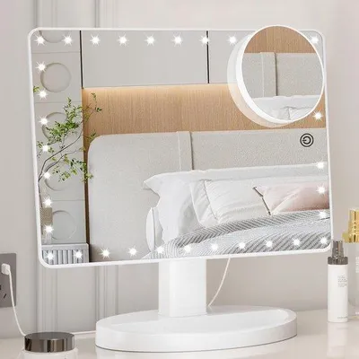 Produktbild von XL-Verlichte Make-upspiegel mit 35 LED-Licht, Touchscreen Dimmbar, 10-fach Vergroßerung, Doppelstrom, 360-Grad-Drehbar, Cosmetik-Tischspiegel