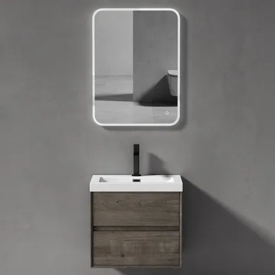 Produktbild von doporro Badmöbelset Waschbecken-Unterschrank mit Soft-close in Grau-braun Wandhängender Badezimmerunterschrank 60cm inkl. Mineralguss-Waschbecken und LED-Badspiegel Rimo