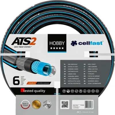 A coiled garden hose with product branding and feature callouts.