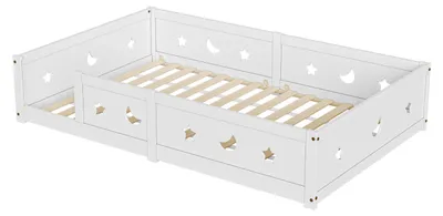 Image de Lit simple 140x200 cm - Lit pour enfant en bois - Avec barrière de sécurité - Sommier à lattes inclus - Bois massif - Blanc