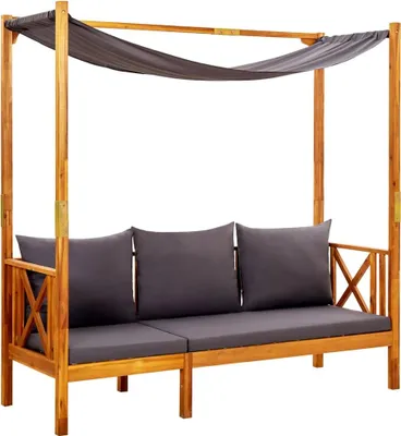 A wooden garden bench with a canopy and dark gray cushions, shown against a white background.
