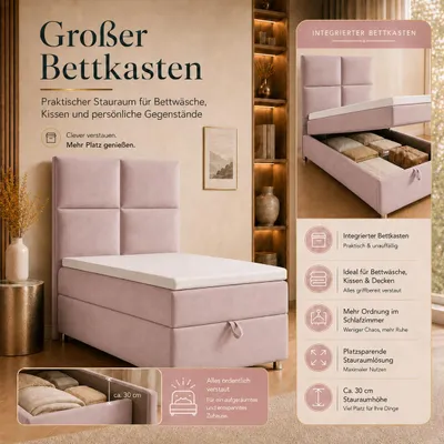Produktbild von Best for Home Boxspringbett mit Bettkasten Trinity K2-SINGLE 90x200 Bonellfederkern inkl. Topper – Rosa