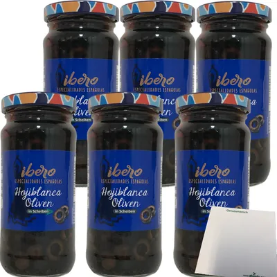 Produktbild von Ibero schwarze Hojiblanca Oliven in Scheiben 6er Pack (6x230g Glas) + usy Block
