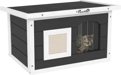 Produktbild von Katzenhaus für draußen - Holz Katzenhöhle - Mit Kratzmatte - Klapptür - Witterungsbeständiger Unterschlupf - Grau