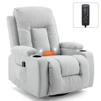 A light gray massage recliner chair with a remote control shown in a separate inset.