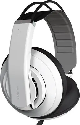 A studio shot of a pair of white and black headphones.