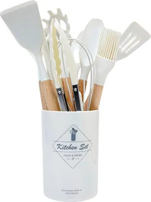 Produktbild von 12-teiliges Kochutensilien-Set aus Silikon mit Holzgriffen, Spatel-Set, hitzebeständig, Pfannenwender, Zange, Spatel, Löffel, Schneebesen, Küchenhelfer für antihaftbeschichtetes Kochgeschirr