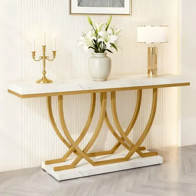 Productafbeelding van Sidetable - Consoletafel - Wandtafel - Haltafel - Bijzettafel - Wit Kunstmarmerblad - Gouden Metalen Onderstel