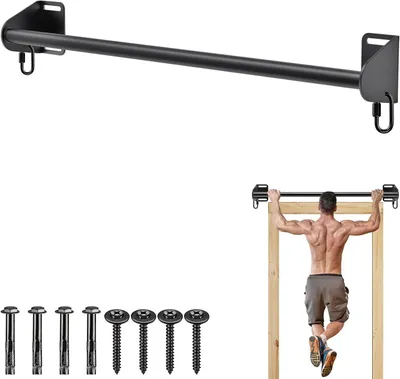 Produktbild von Wandmontierte Klimmzugstange – Fitnessbar – Krafttraining – Mit Haken für Widerstandsbänder – Belastbar bis 120 kg – Schwarz