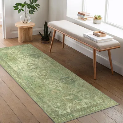 Productafbeelding van Vintage Vloerkleed 80x300 cm, bamboe groen, antislip, wasbaar, voor hal
