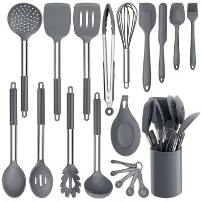 Produktbild von Kochgeschirr-Set, 20-teiliges Set mit Küchenhelfern, hitzebeständig mit Edelstahlgriffen – Grau