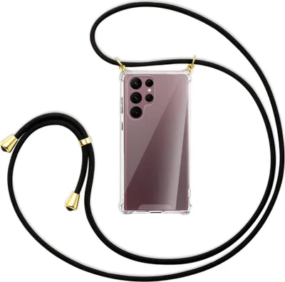 Produktbild von Handykette Backcover-Schutzhülle mit Band (Metall goldfarben) für Samsung Galaxy S22 Ultra 5G (S908) - schwarz