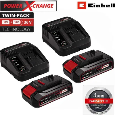 A collage of Einhell Power X-Change battery chargers and batteries.