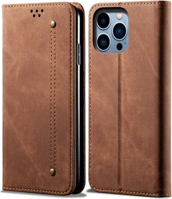 A brown leather flip case for an iPhone is shown, with the phone inside and the case open to reveal the camera.