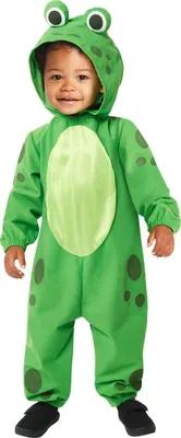 A baby wearing a frog costume.