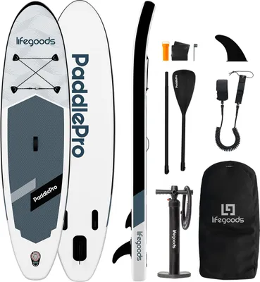 Produktbild von LifeGoods SUP Board Allround Compact - 100 KG Tragkraft - 300 x 76 cm - Aufblasbar - Komplettes SUP Paket - Weiß/Schwarz