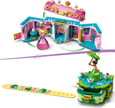 Produktbild von LEGO 43203 Disney Auroras, Meridas und Tianas Zauberwerke, Set mit 2 Schmuckkästchen, Stiftehalter und DOTS Armband, Diamantkleid-Kollektion