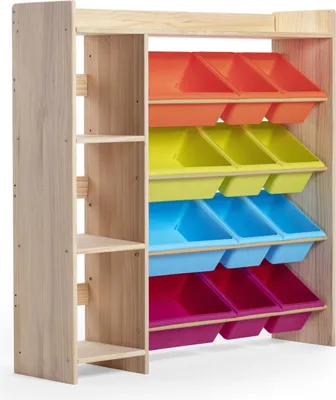 Immagine prodotto di WonderMind© Scaffale per libri e organizer per giocattoli in legno in stile Montessori L 115 x P 30 x A 115 cm - 12 contenitori - Colore: multicolore