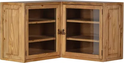 A corner cabinet with glass doors and wooden shelves.