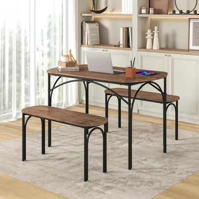 Immagine prodotto di Set di tavoli da pranzo - Angolo pranzo - Tavolo da cucina - Tavolo con panche - Set di tavoli in stile industriale - Colore marrone vintage - Struttura in metallo