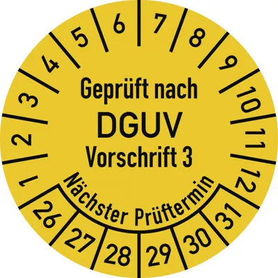 Produktbild von Dreifke® Prüfplakette Gepr. n. DGUV Vorsch.3, 2026-2035,Dokumentenfolie, Ø 20...