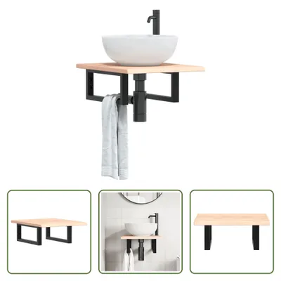 Immagine prodotto di The Living Store Piano lavabo con staffa in acciaio e legno massiccio di rovere
