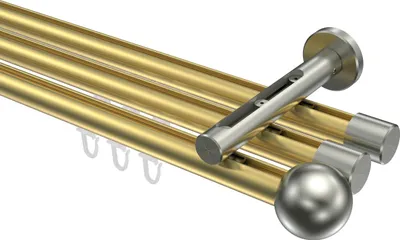 Produktbild von Interdeco Innenlaufstange / Gardinenstange mit Innenlauf Messing-Optik / Edelstahl-Optik, Typ Siteno Luino (Kugel), 20 mm Ø 3-läufig, 140 cm