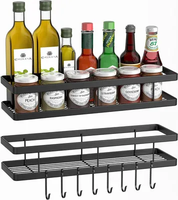 Produktbild von Wand-Gewürzregal, Küchenregal, Küchenregal Wand-Organizer, kein Bohren erforderlich, Küchenhalterung mit 8 abnehmbaren Haken für Küche, Bad, Flur