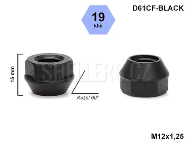 Obrázok produktu pre Matica kolesa M12x1,25 s otvoreným kužeľom, kľúč 19, čierna, D61CF-BLACK, výška 15