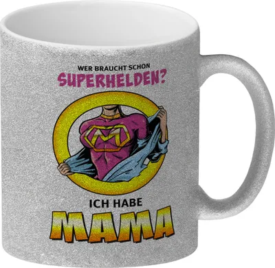 Produktbild von Glitzer-Kaffeebecher Comic mit Spruch - Wer braucht schon Superhelden? Ich habe